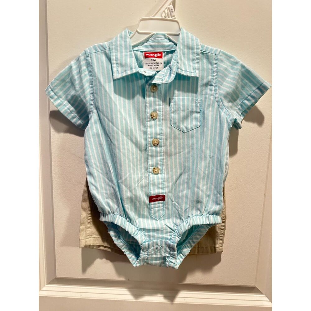 NWT Wrangler Baby 2 Piece Outfit - Blue/Stripe Collar Shirt & Tan Shorts Size 9M
